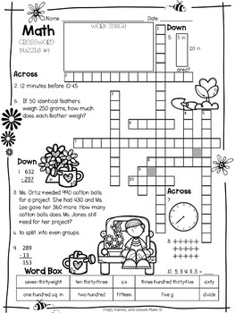 3rd Grade Math Crossword Puzzles March By Frogs Fairies And Lesson Plans