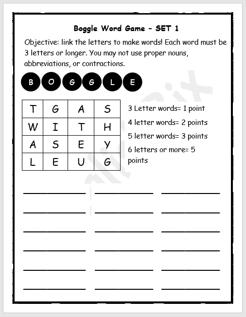 4x4 Boggle Word Puzzle Sheets Set For Children EnglishBix