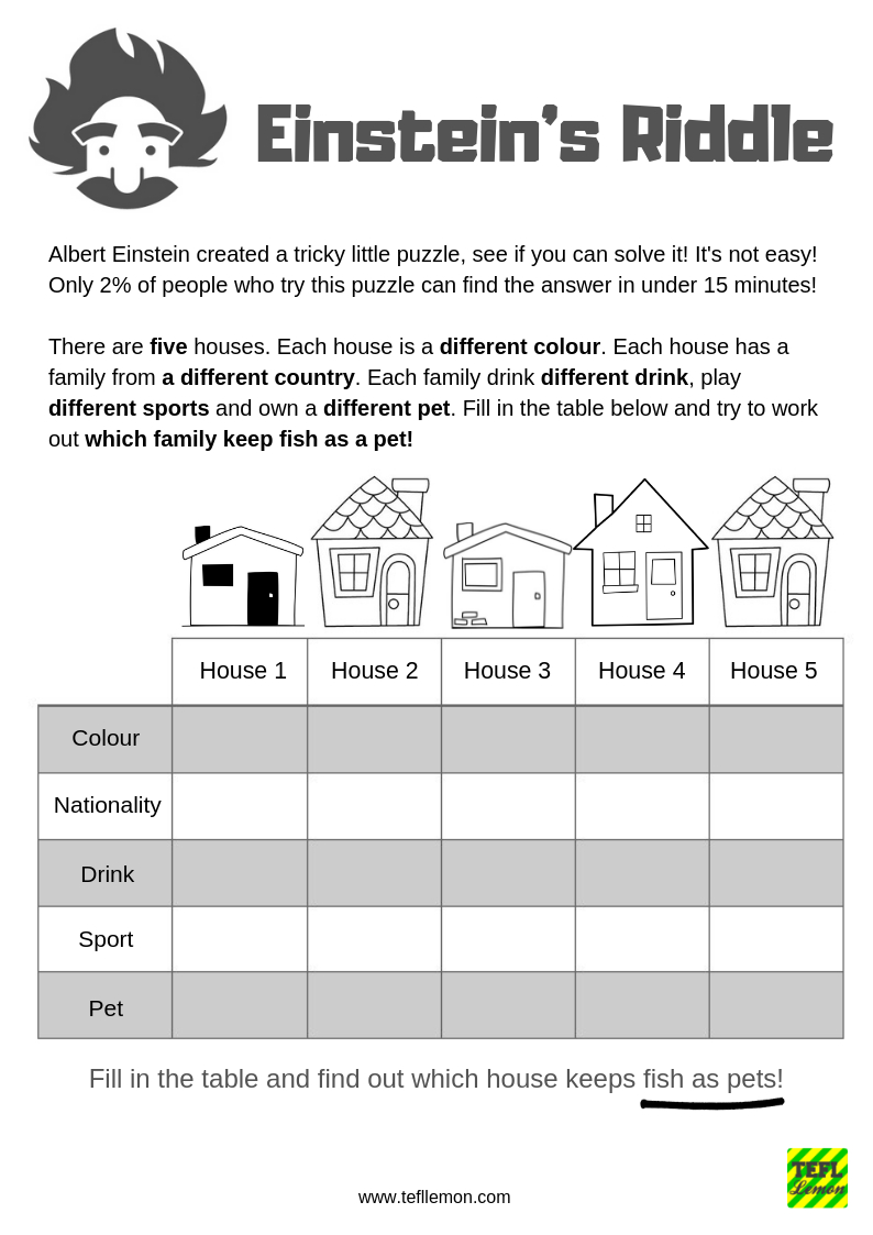 Albert Einstein s Riddle Has Been Turned Into A Fun Esl Lesson For 