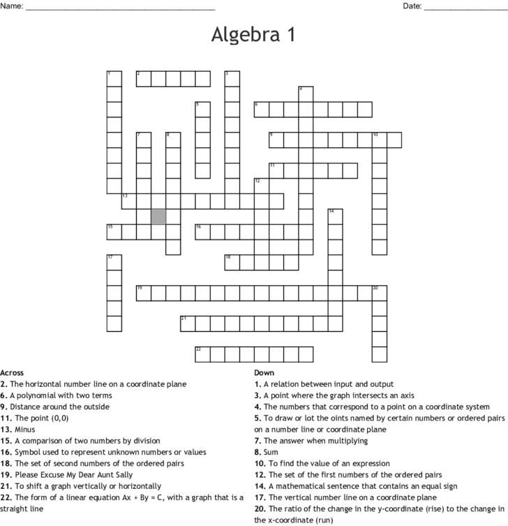 Algebra 1 Crossword Puzzles Printable