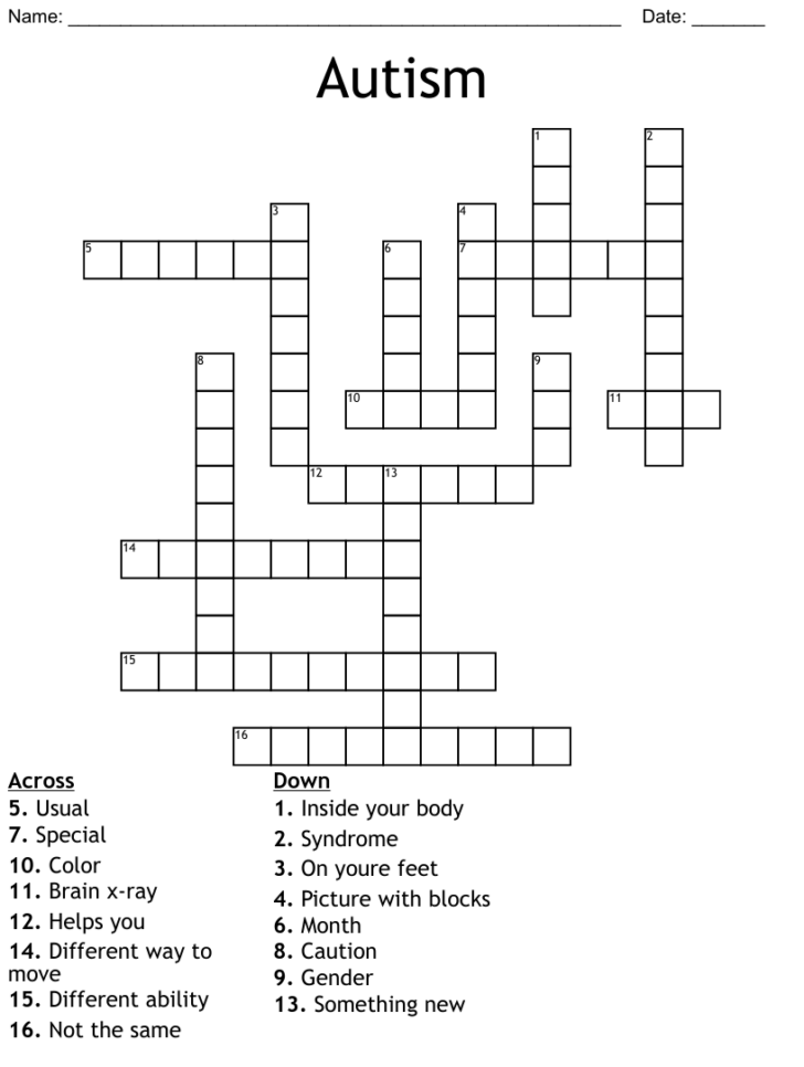 Printable Autism Awareness Crossword Puzzles