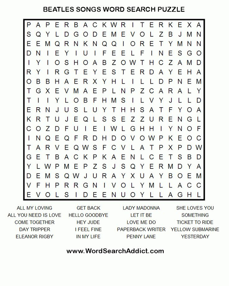 Beatles Crossword Puzzles Printable Beatles Songs Song Words Words