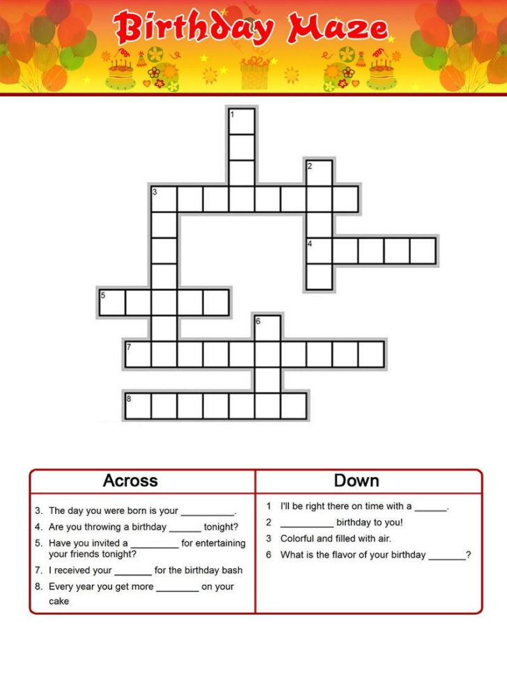 Birthday Related Crossword Puzzles Printable