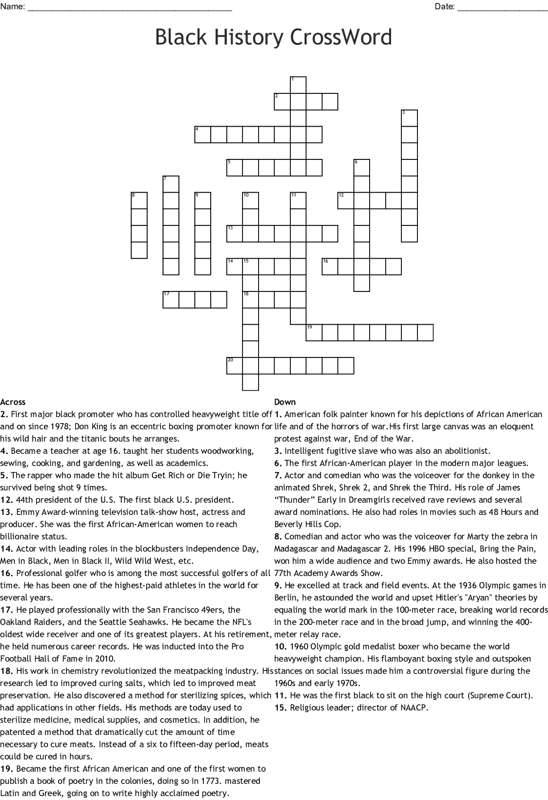 Black History Crossword Puzzle Printable Printable Crossword Puzzles