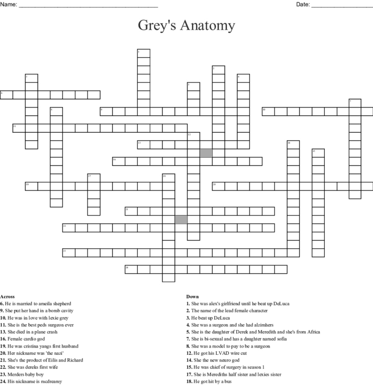 Free Printable Greys Anatomy Crossword