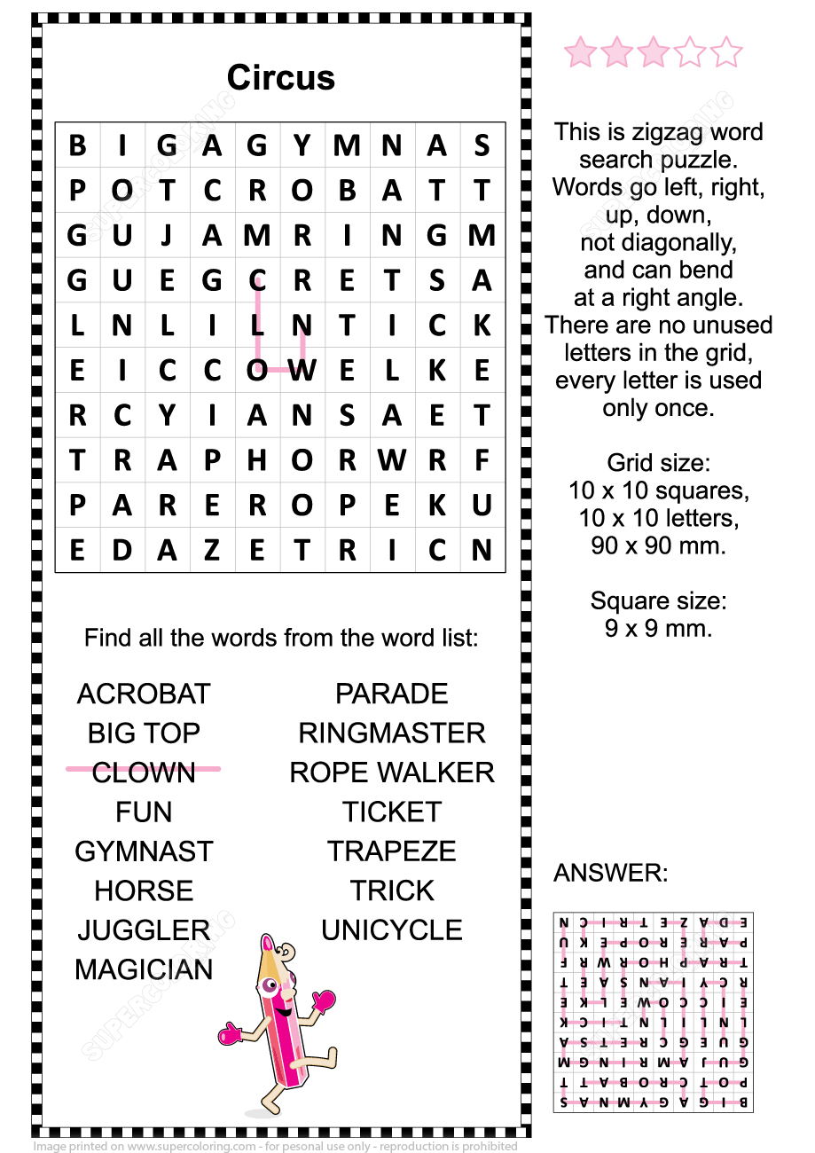 Circus Word Search Puzzle Free Printable Puzzle Games
