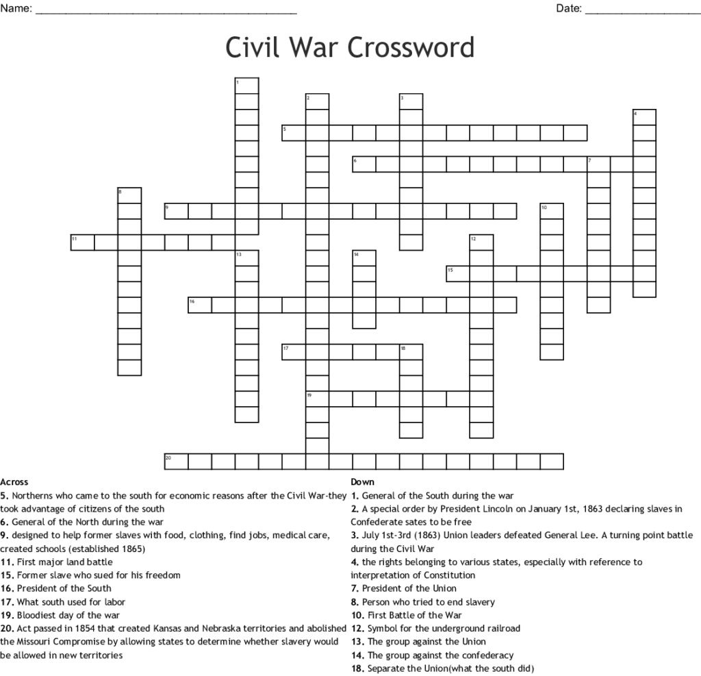 Civil War Crossword Wordmint Sally Crossword Puzzles 