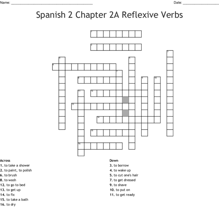 Reflexive Verbs Crossword Puzzle In Spanish Printable