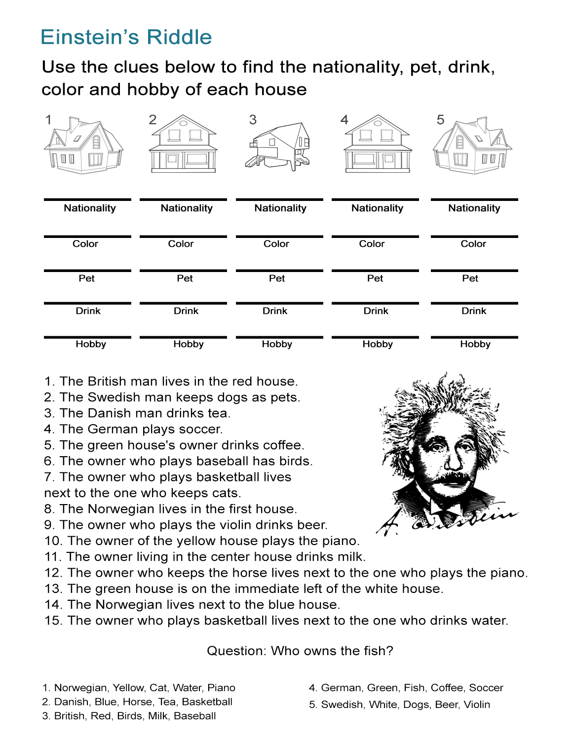 Einstein s Riddle Detective Style Logic Activity ALL ESL