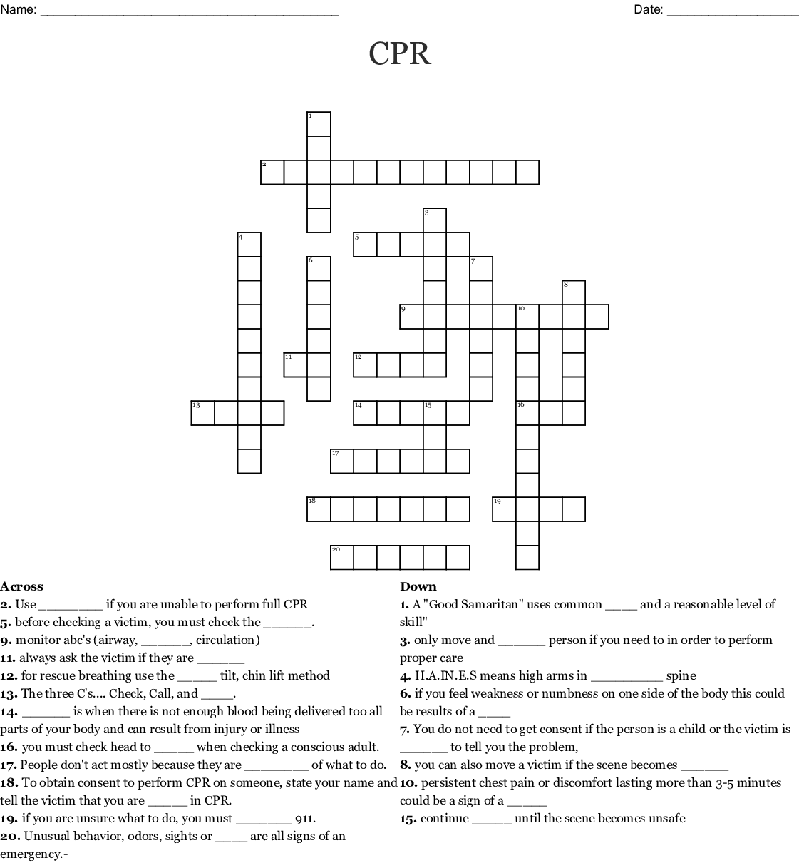 First Aid CPR Review Crossword WordMint