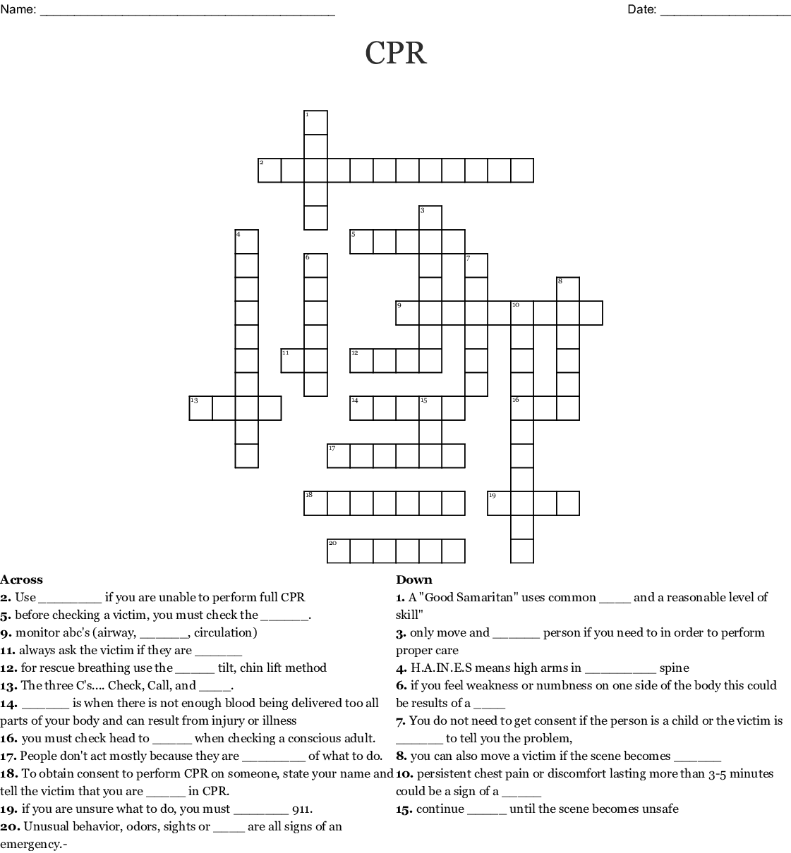 First Aid CPR Review Crossword WordMint Sally Crossword Puzzles