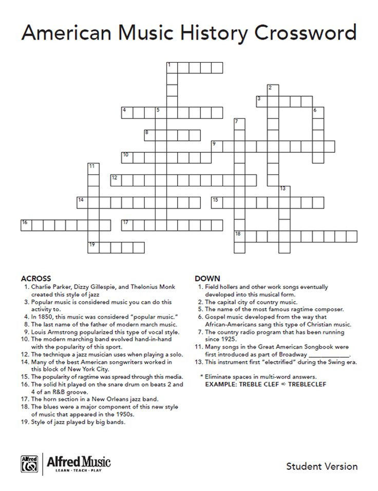 Free Activity Music History Crossword Puzzle With Images Music 
