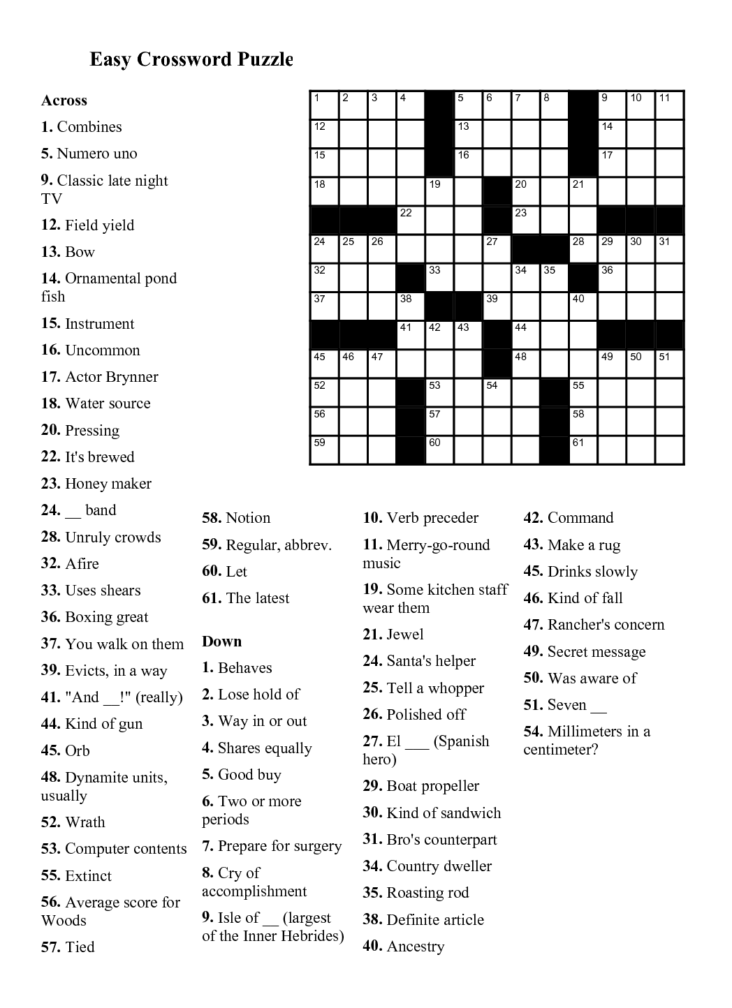 Free Downloadable Printable Crossword Puzzles Printable Crossword 