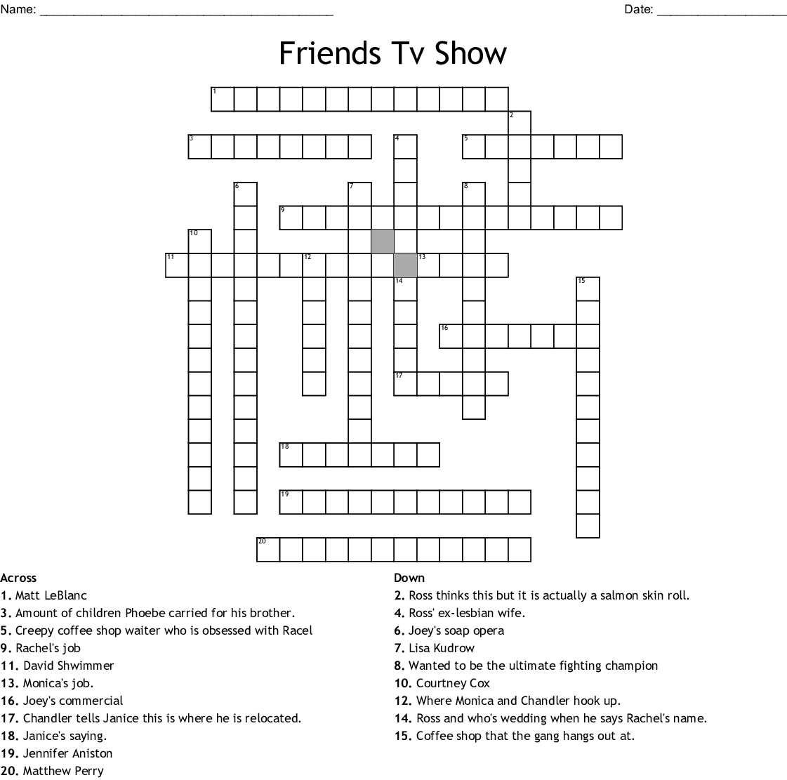 Friends Tv Show Crossword WordMint