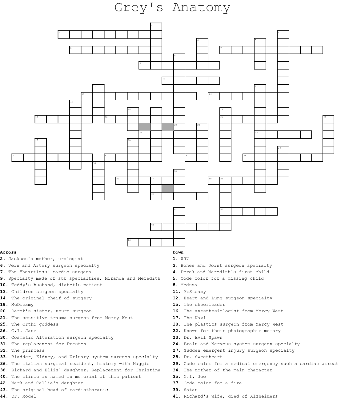 Free Printable Greys Anatomy Crossword Sally Crossword Puzzles