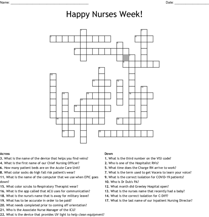 Nurse Week Crossword Printable