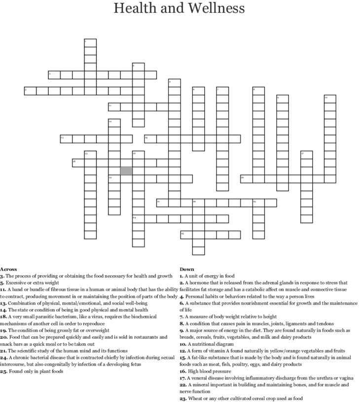 Health And Wellness Crossword Puzzles Printable