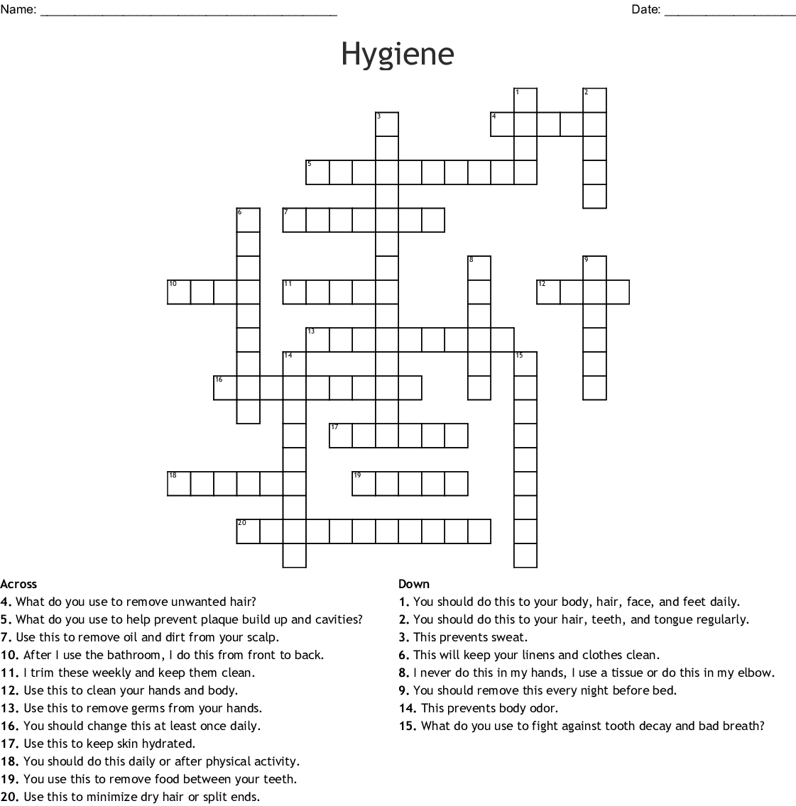 Hygiene Crossword WordMint
