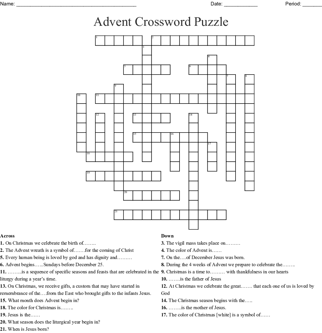 Liturgical Year Crossword WordMint
