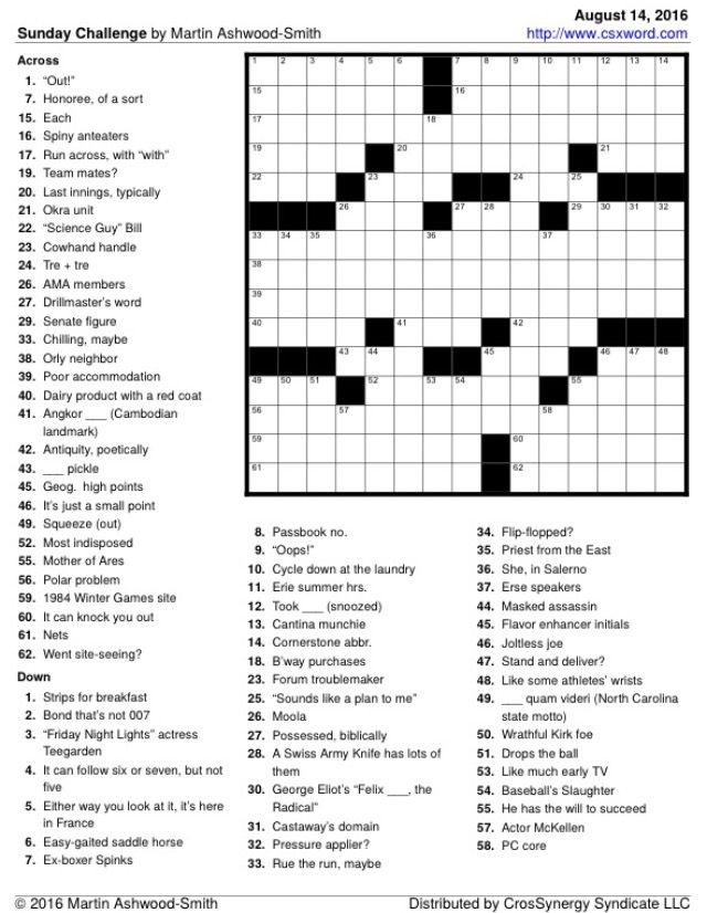 My Washington Post Sunday Challenge Crossword From August 14 2016 