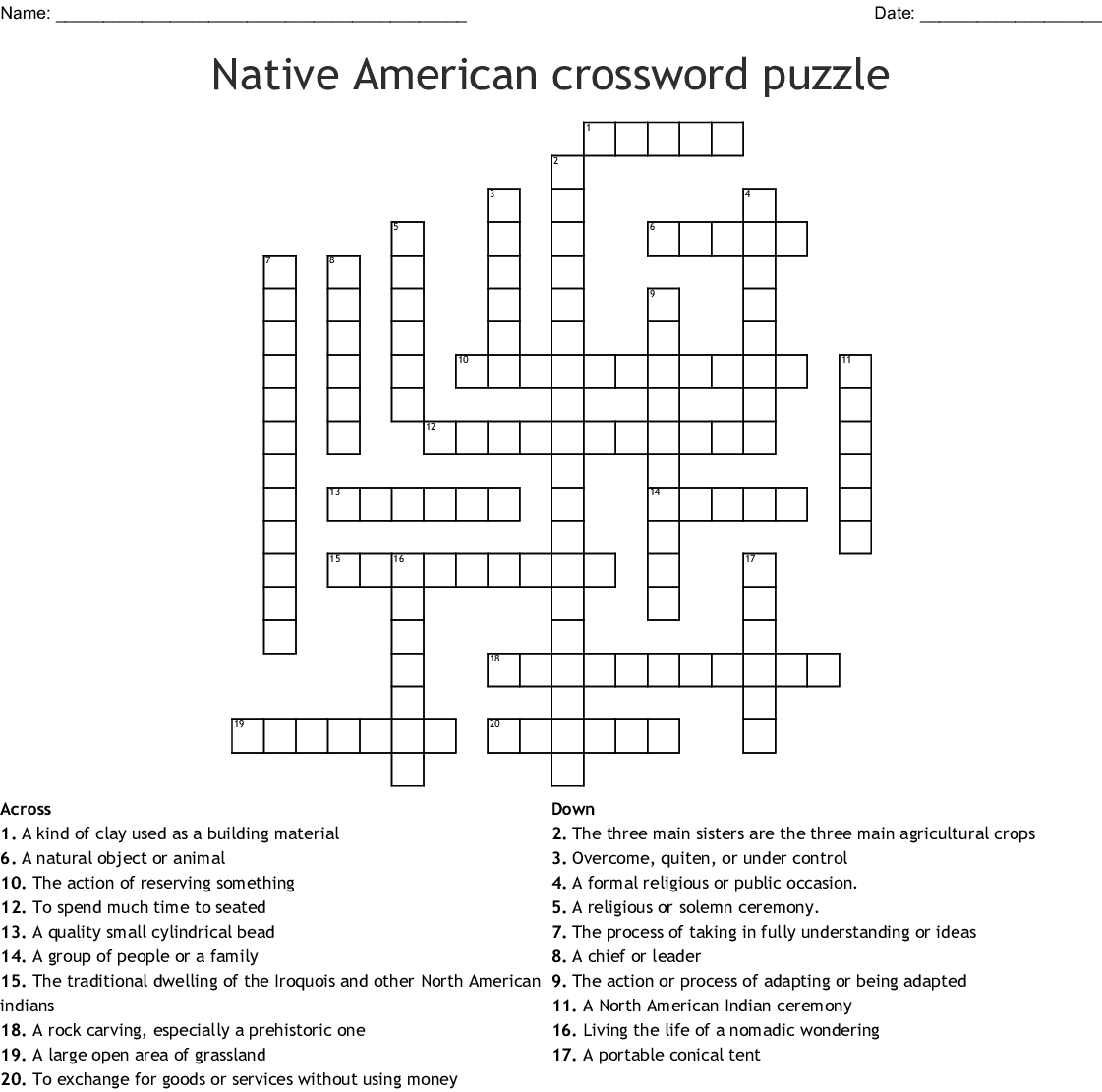 Native American Crossword Puzzle Printable Printable Crossword Puzzles