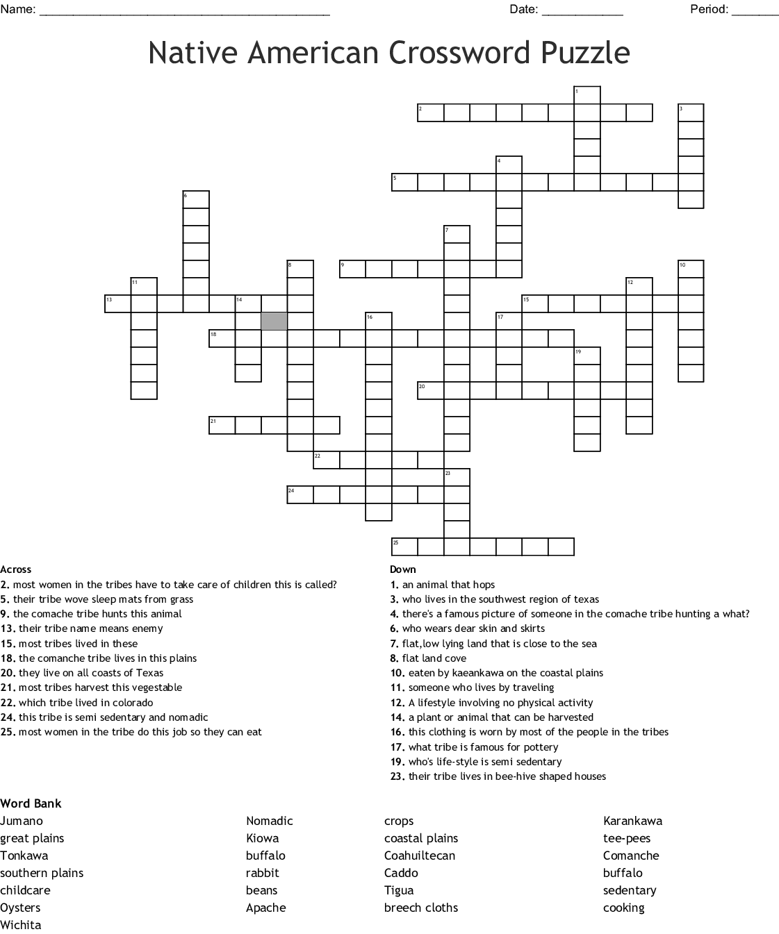 Native American Crossword Puzzle WordMint