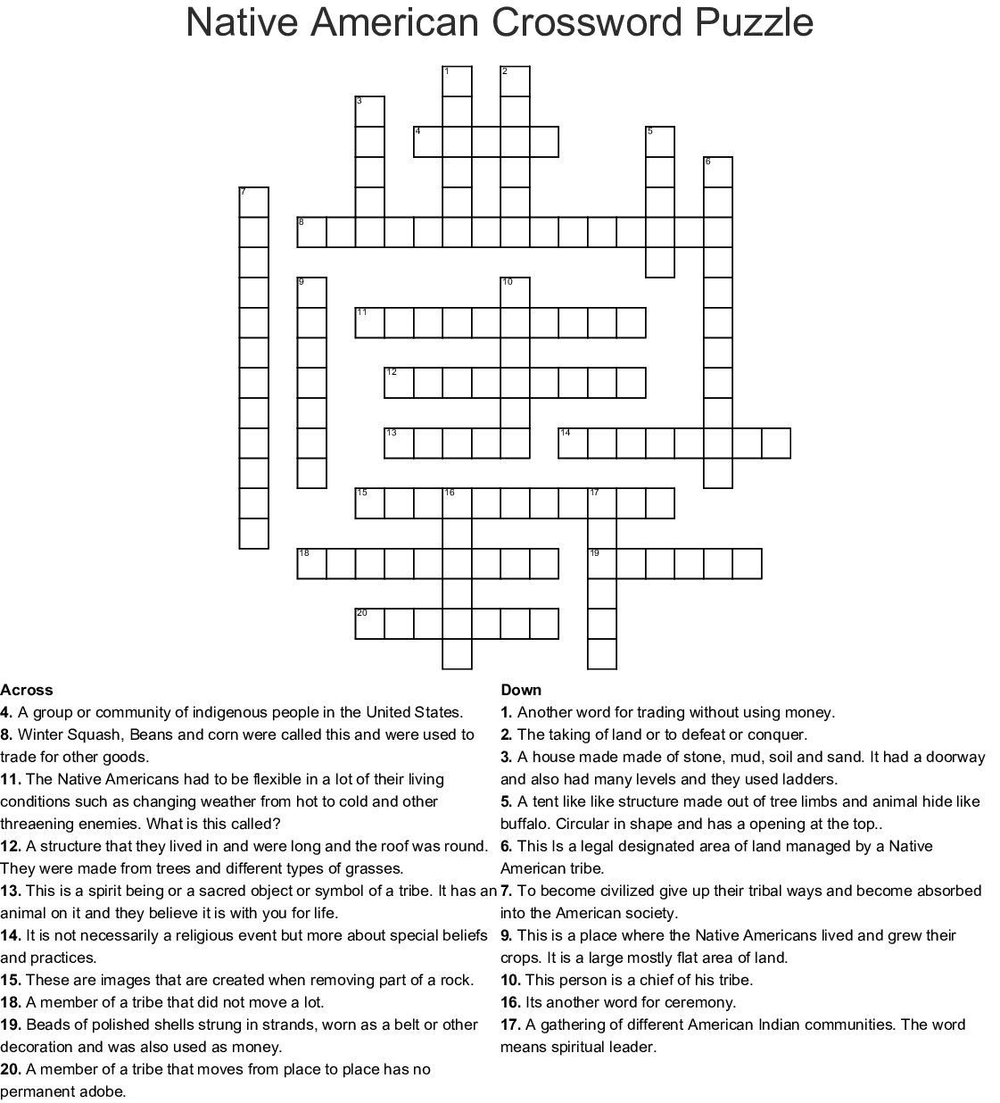 Native American Crossword Puzzle WordMint