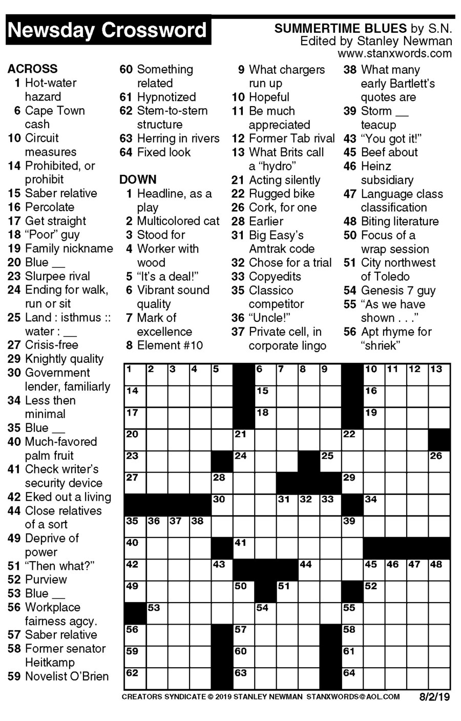 Newsday Crossword Puzzle For Aug 02 2019 By Stanley Newman Creators 