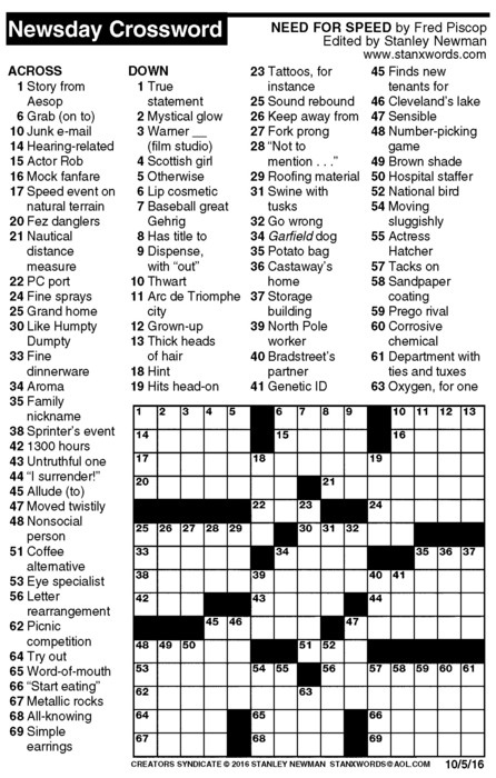 Newsday Crossword Puzzle For Oct 05 2016 By Stanley Newman Creators 