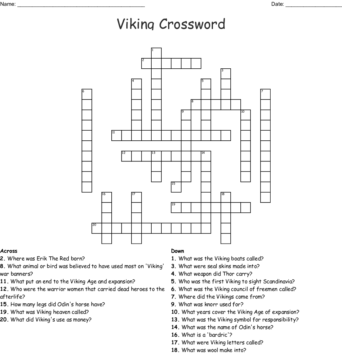 Printable Viking Crossword Sally Crossword Puzzles