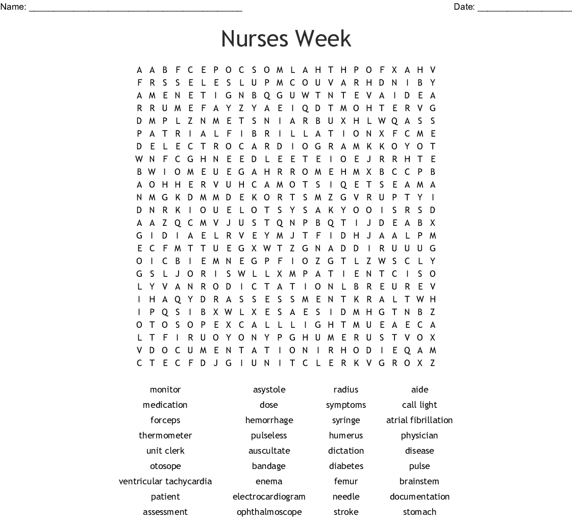 Nurse #39 s Week Word Search Printable Sally Crossword Puzzles