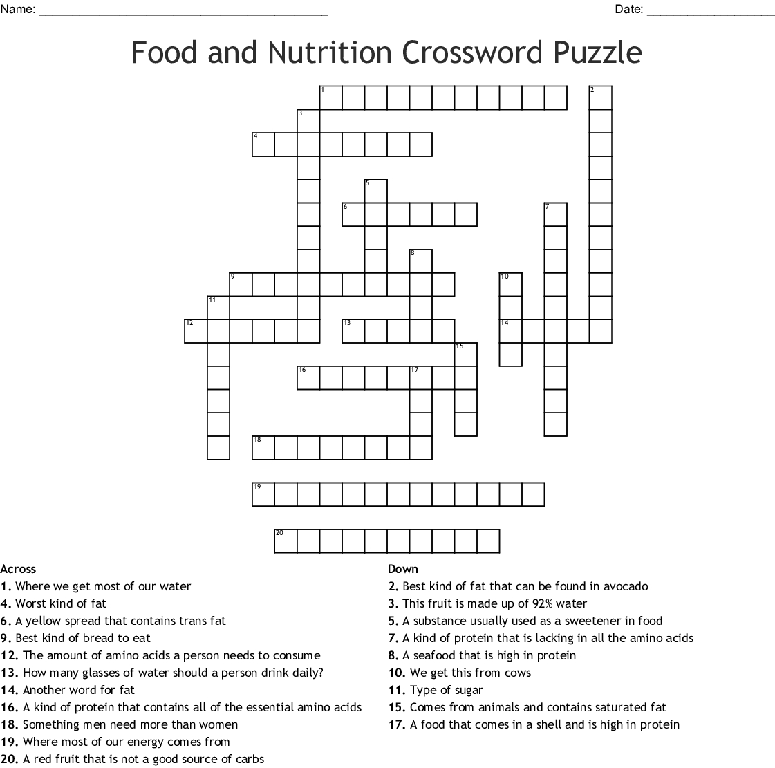 Nutrition Printable Puzzle Printable Crossword Puzzles
