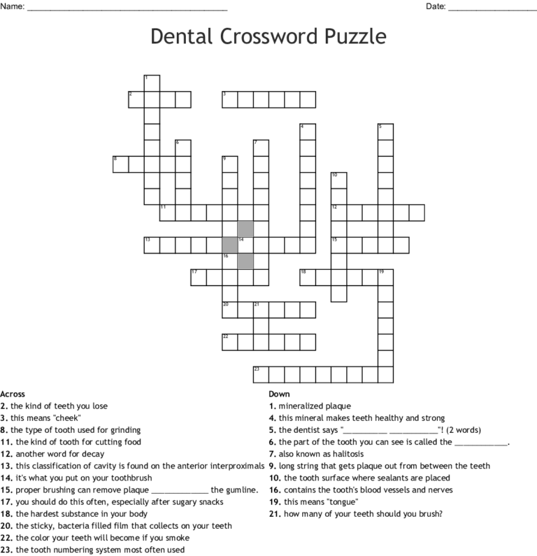 Oral Dental Care Crosswords Word Searches Bingo Cards WordMint Sally Crossword Puzzles