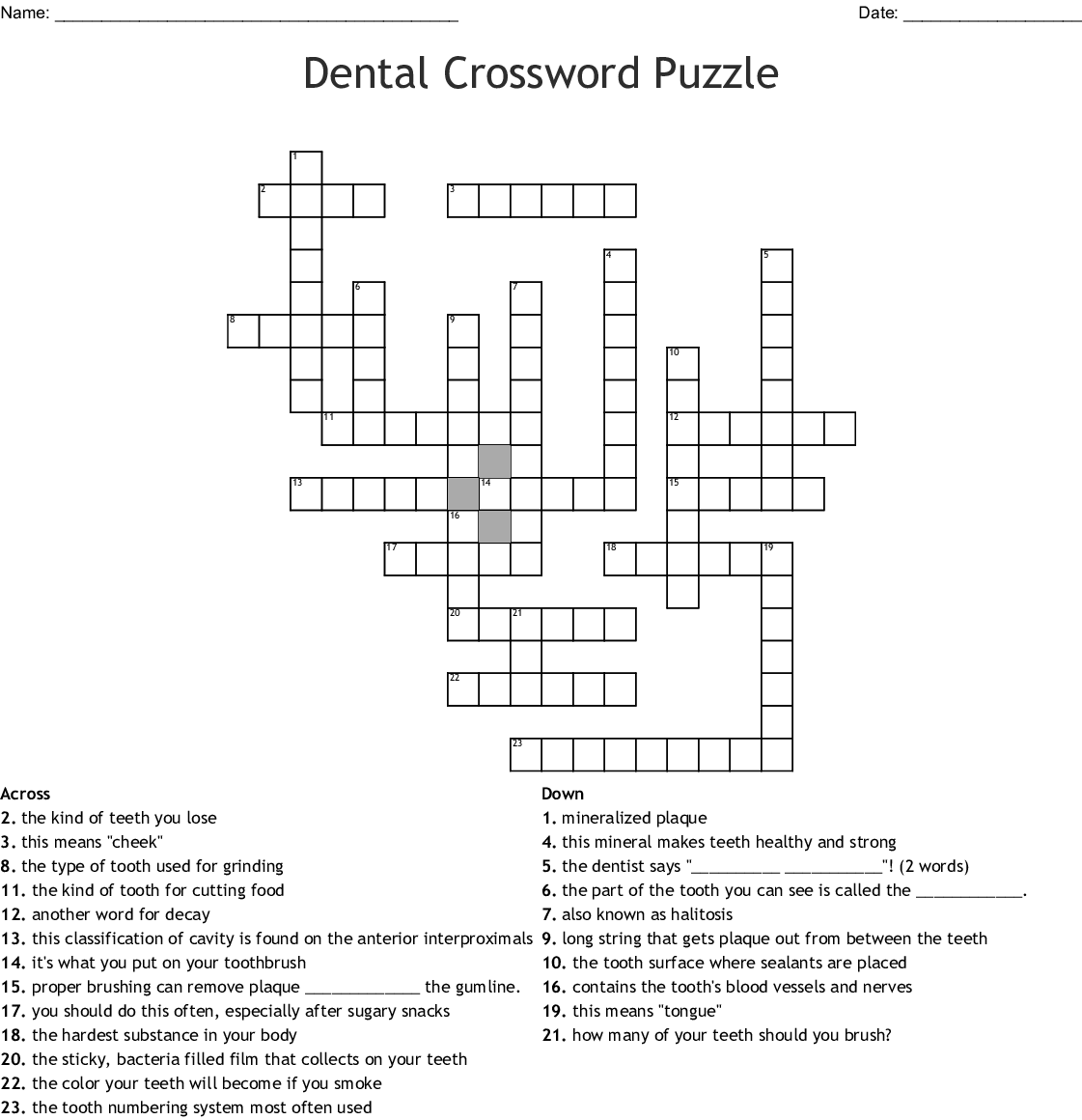 Oral Dental Care Crosswords Word Searches Bingo Cards WordMint