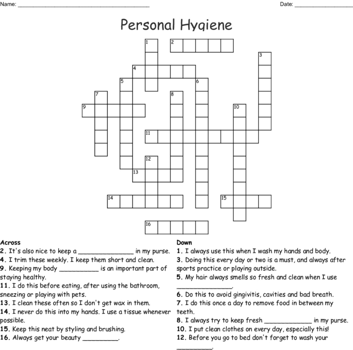 Personal Hygiene Crossword Puzzle Printable
