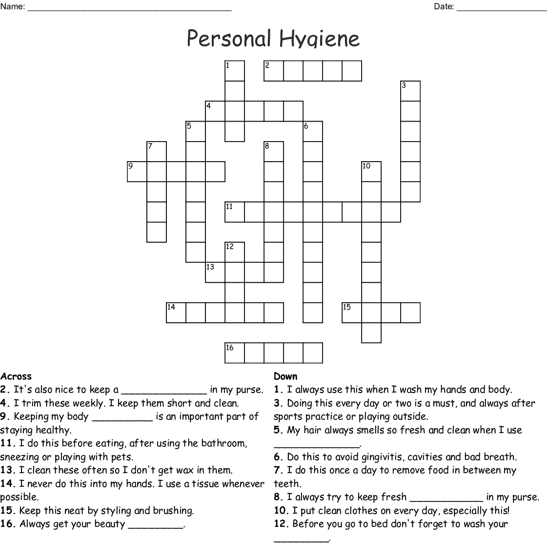 Personal Hygiene Crossword Puzzle Printable Sally Crossword Puzzles