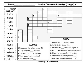 Phonics Crossword Puzzles Long U By A W Creations TpT