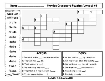 Phonics Crossword Puzzles Long U By A W Creations TpT