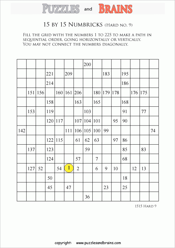 Printable 15 By 15 Difficult Level Numbrix Logic Puzzles For Kids And 