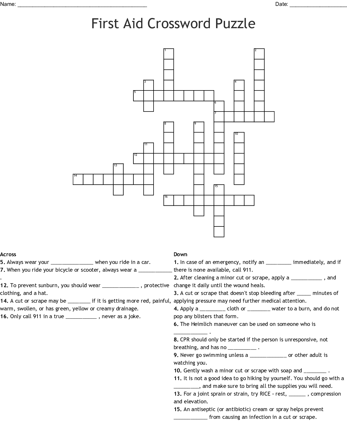 Printable Crossword Puzzle First Aid Printable Crossword Puzzles