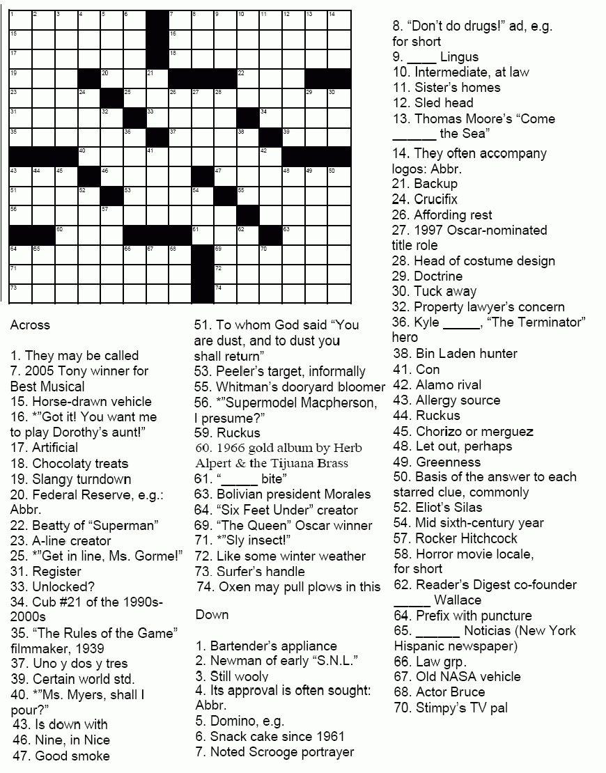 Printable Crossword Puzzle Movies Printable Crossword Puzzles