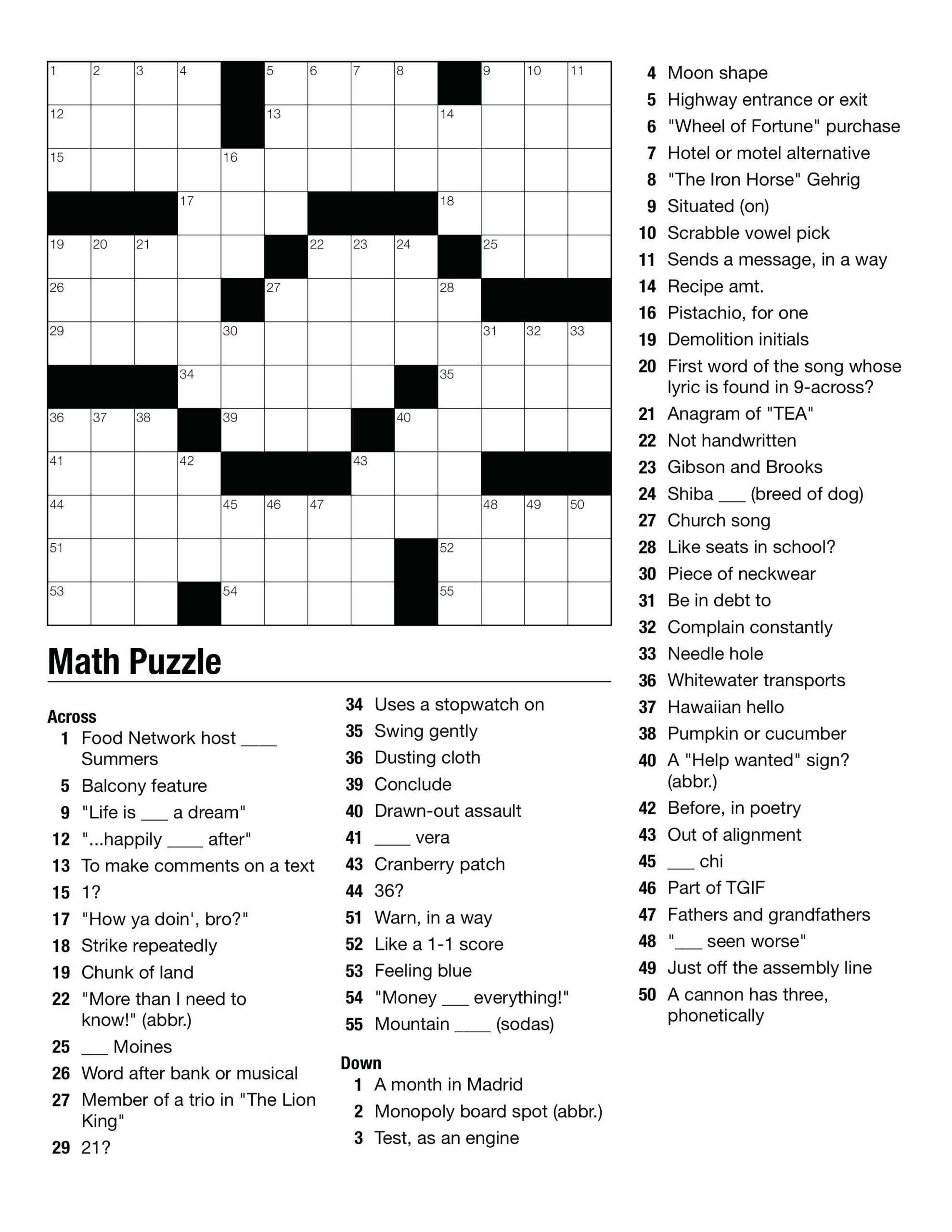 Printable Math Crossword Puzzles For High School Printable Crossword 