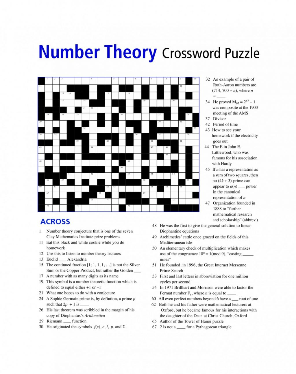 Printable Math Puzzle 6Th Grade Printable Crossword Puzzles