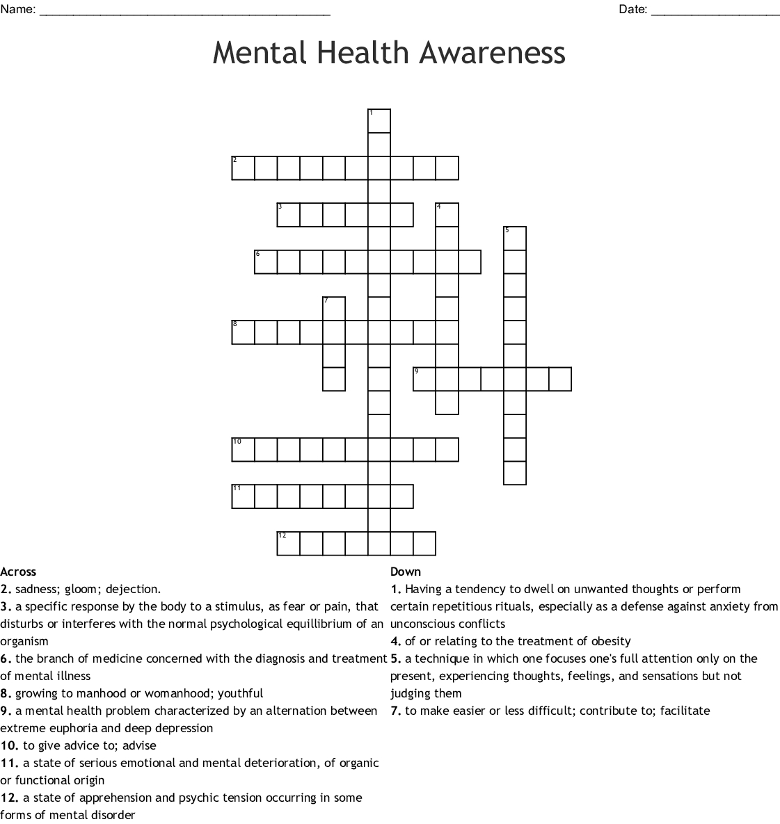 Printable Mental Health Crossword Puzzle Printable Crossword Puzzles