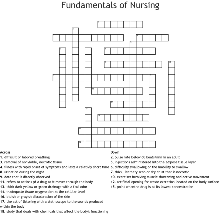 Free Nursing Crossword Puzzle Printable
