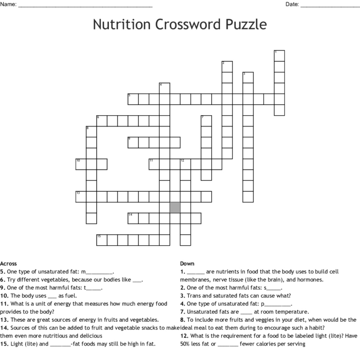 Nutrition Crossword Puzzle Printable