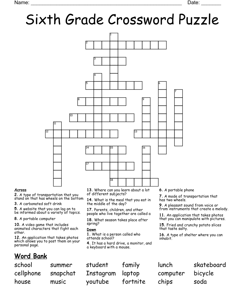 Sixth Grade Crossword Puzzle WordMint