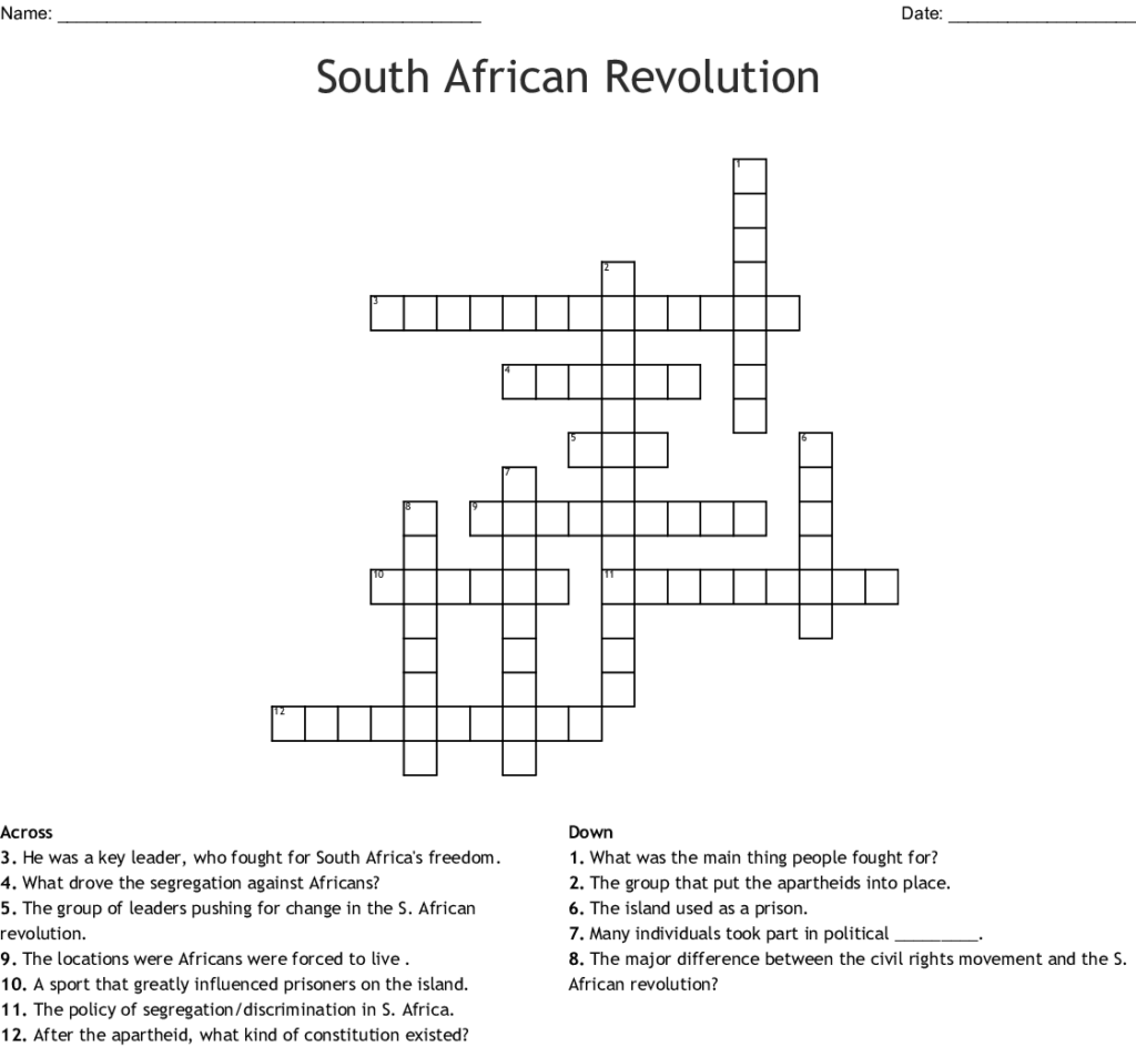 South African Revolution Crossword WordMint Sally Crossword Puzzles