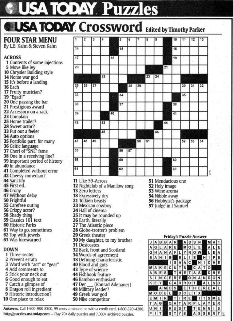 Usa Today Crossword Printable Version Printable Crossword Puzzles