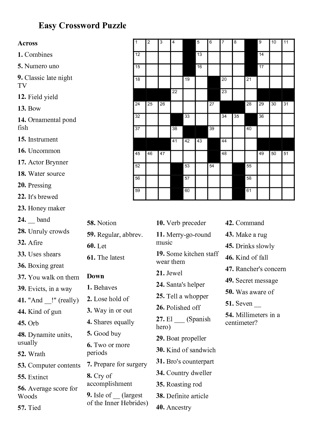 Very Easy Printable Crossword Puzzles Printable Crossword Puzzles